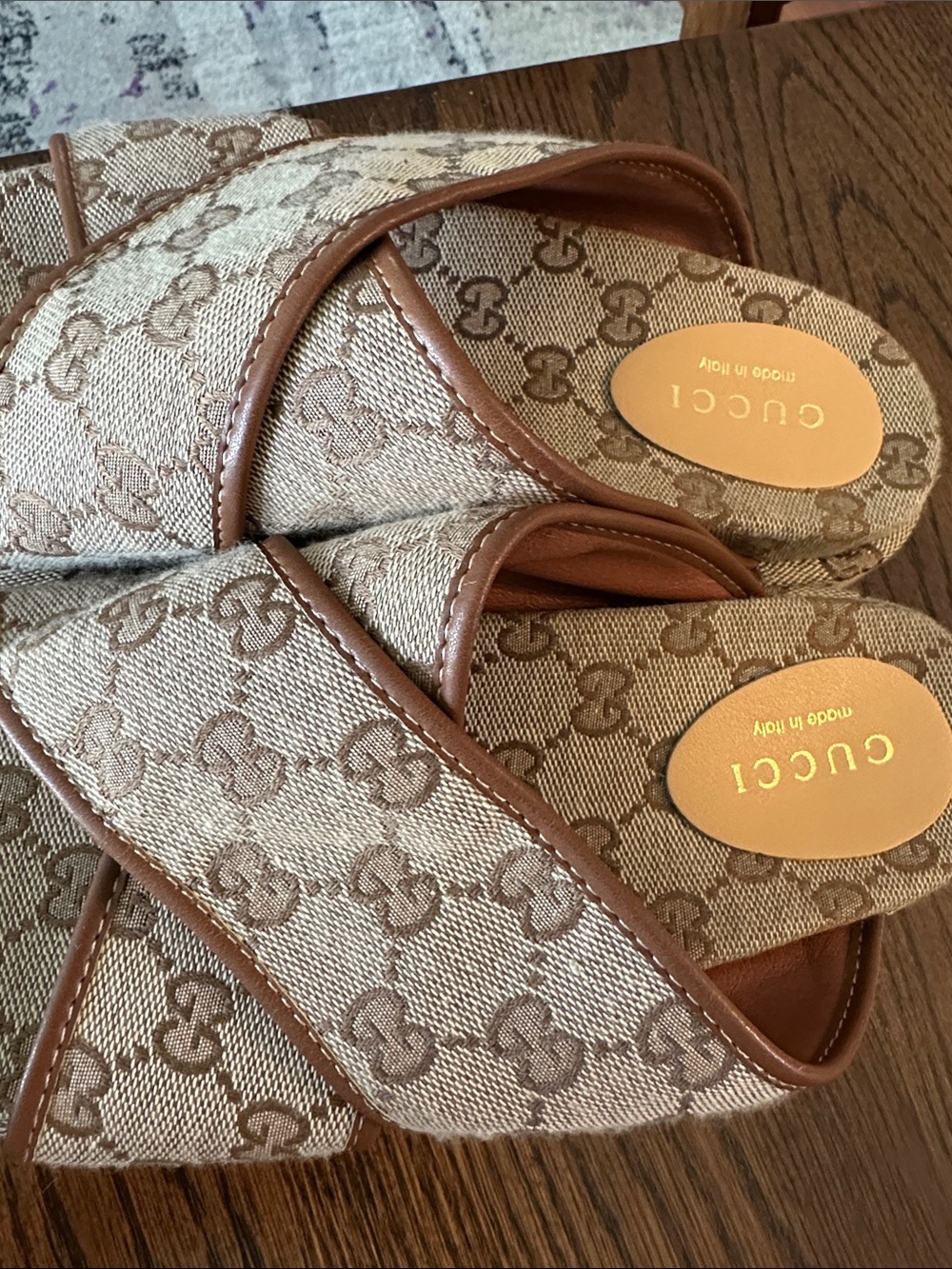 Gucci Beige Brown GG Canvas Crisscross Slide Sandals - Picture 3 of 6